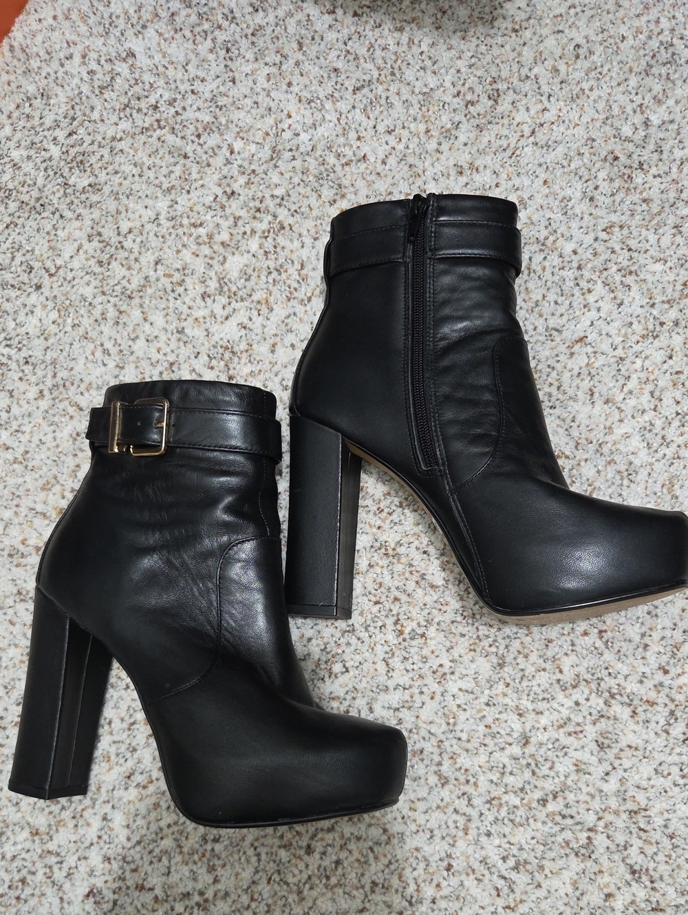 Black Women's Leather High Heel Ankle Boots - Sleek Platform Block Heel